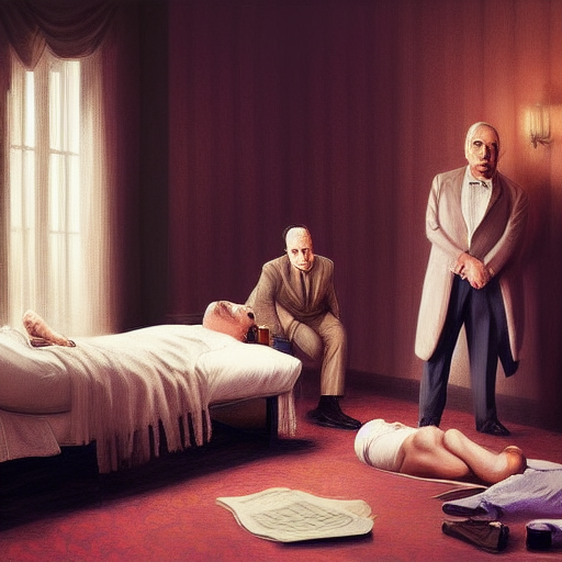 Poirot standing over the dead body on the bed, examining the room for clues as other guests look on in shock and fear.